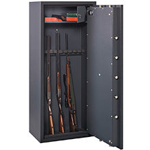 Cervo III gun safe in Graphite Grey, door open with rifles, close-up