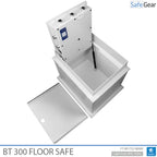 BT 300 underfloor safe with the cover removed and the door open upwards