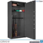 Cervo IV gun safe in Graphite Grey, door open with rifles, ammunition and interior safe