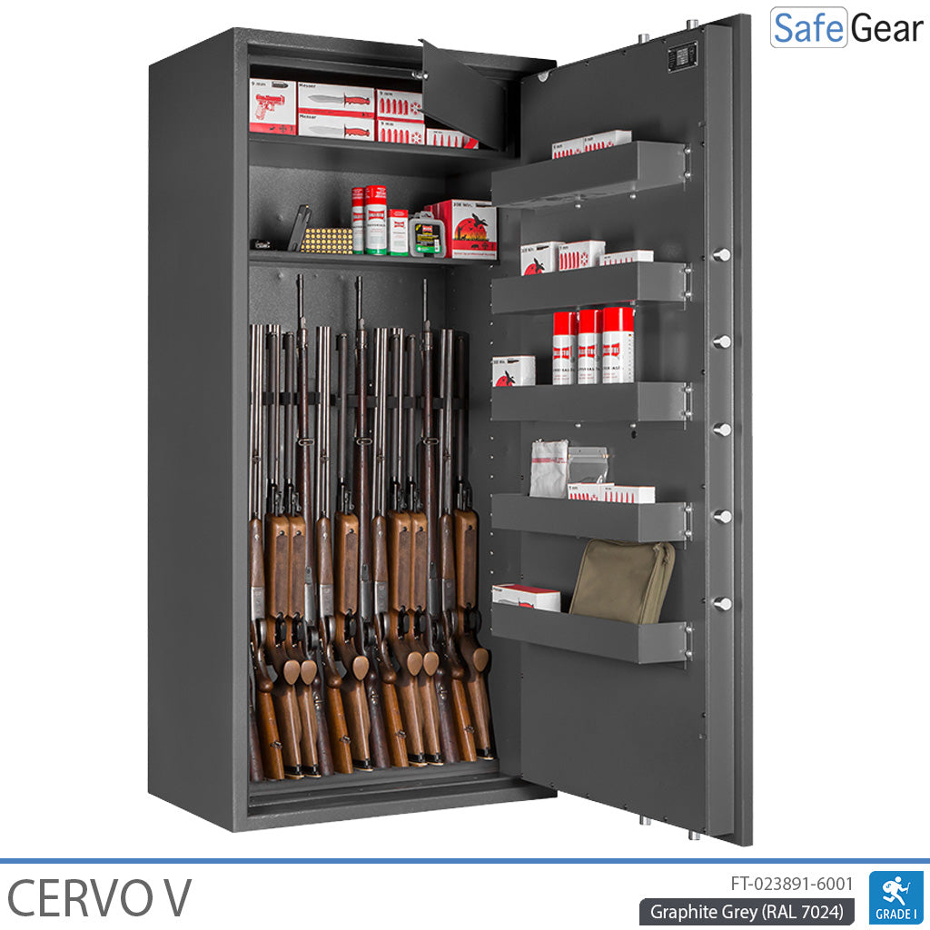 Cervo V gun safe in Graphite Grey, door open at 90 degrees with rifles, ammunition and door compartments