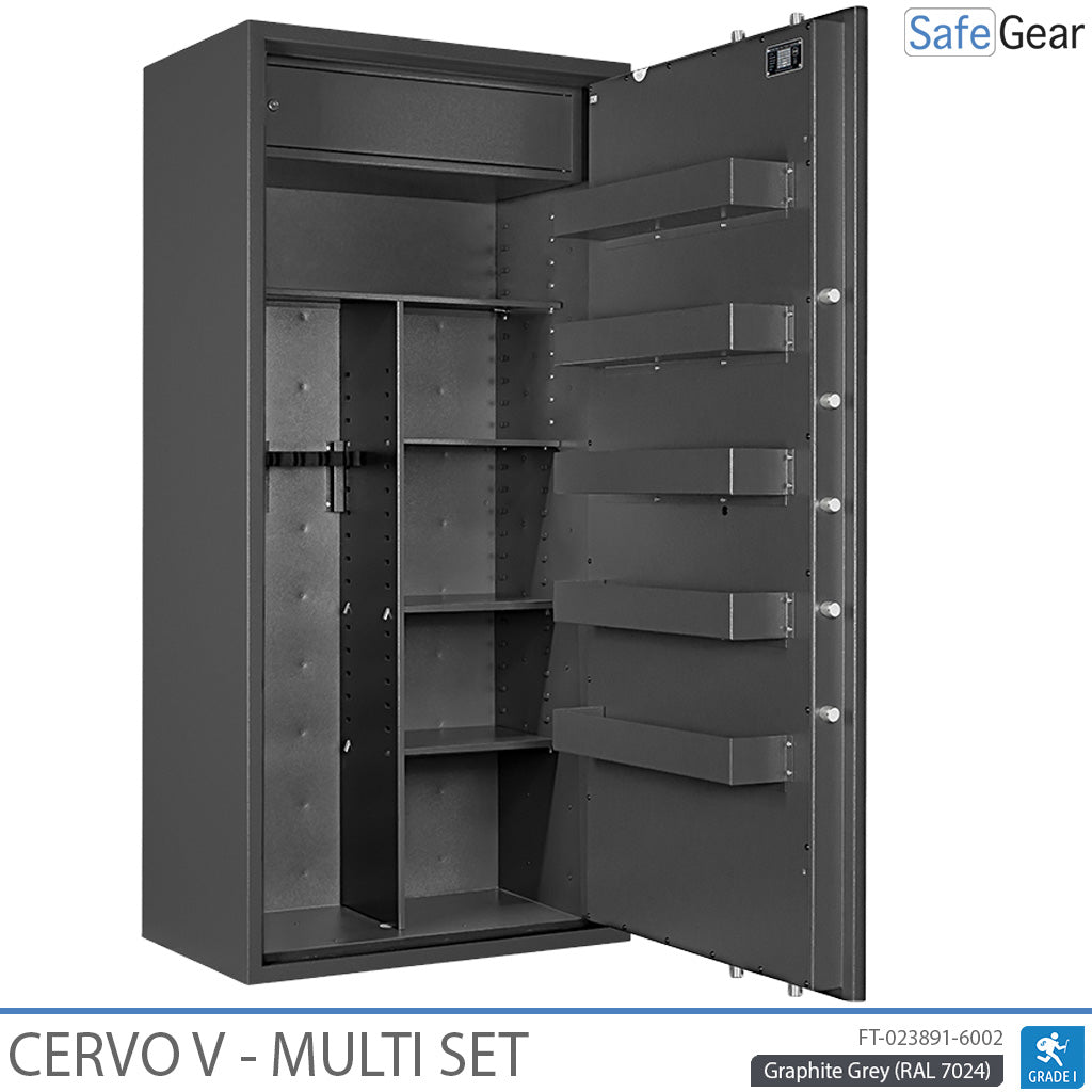 Cervo V Multi Set gun safe in Graphite Grey, door open at 90 degrees with dividing wall and shelves