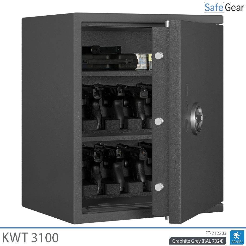 KWT 3100 gun safe in Graphite Grey, door open with handguns in two 5-handgun holders and ammunition