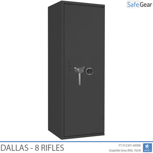 Dallas 8 gun safe in Graphite Grey, door closed, electronic code lock