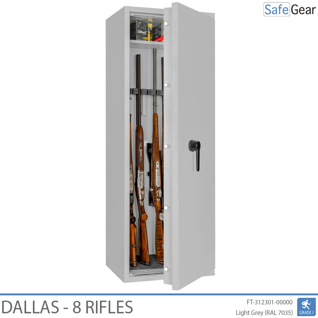 Dallas 8 gun safe in Light Grey, door open with rifles, black handle