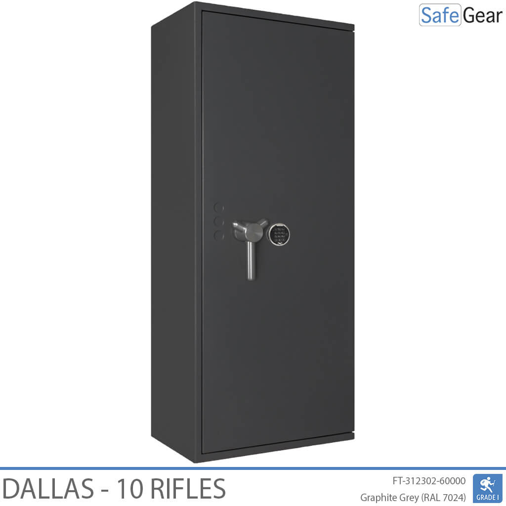Dallas 10 gun safe in Graphite Grey, door closed, electronic code lock