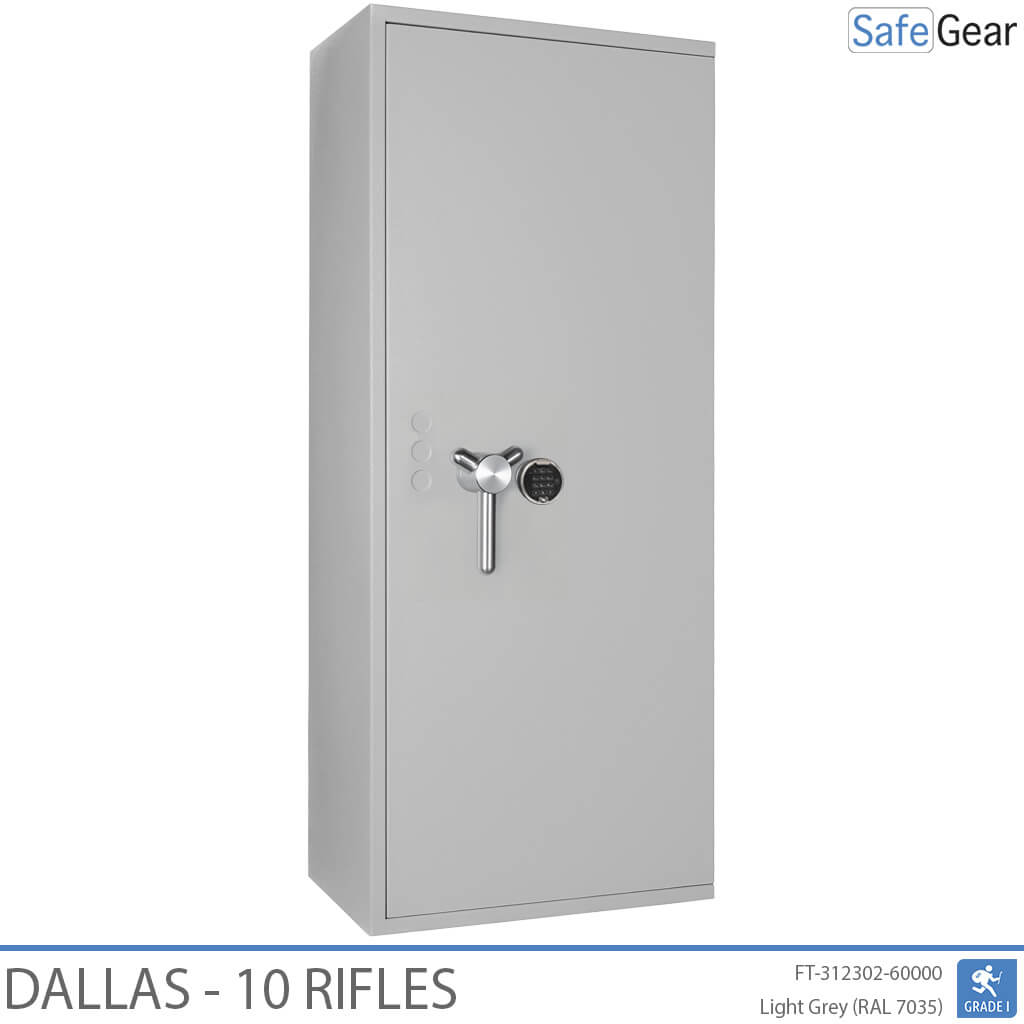 Dallas 10 gun safe in Light Grey, door closed, electronic code lock