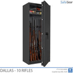 Dallas 10 gun safe in Graphite Grey, door open with rifles