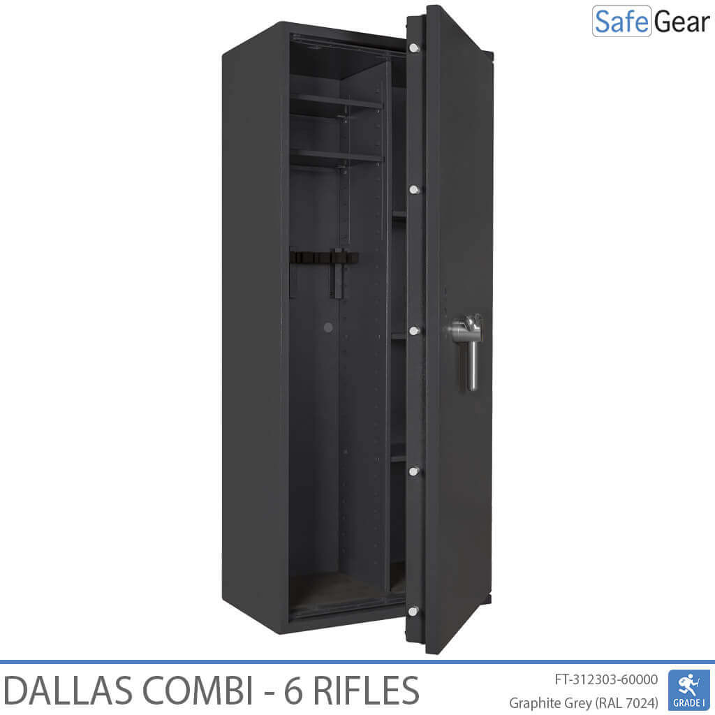 Dallas Combi 6 gun safe in Graphite Grey, door half open, rifle holders and shelved section