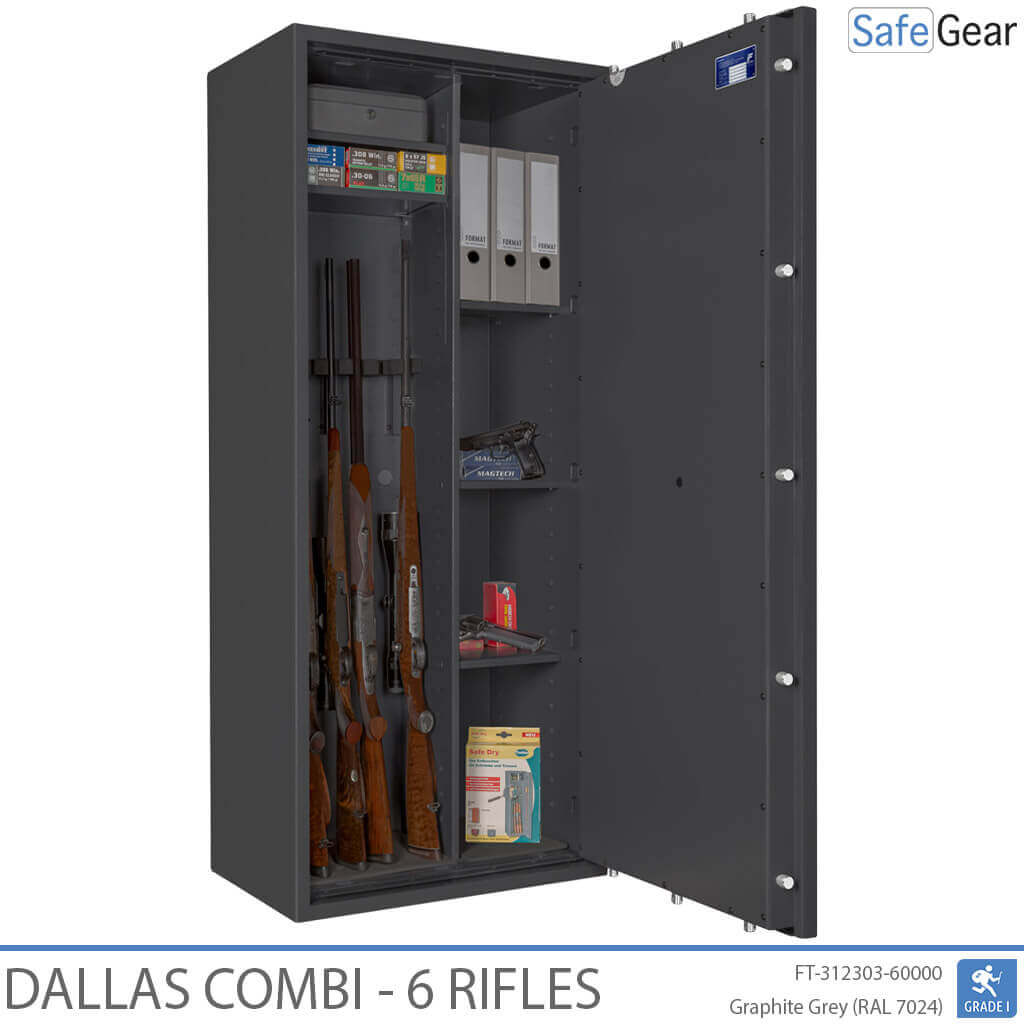 Dallas Combi 6 gun safe in Graphite Grey, door open with rifles, binders and shelved section