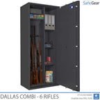 Dallas Combi 6 gun safe in Graphite Grey, door open with rifles, binders and shelved section