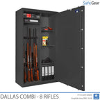 Dallas Combi 8 gun safe in Graphite Grey, door open with rifles, binders and shelved section