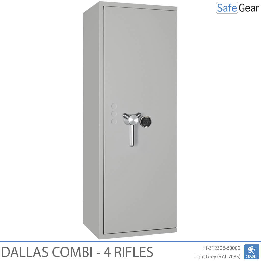 Dallas Combi 4 gun safe in Light Grey, door closed, electronic code lock