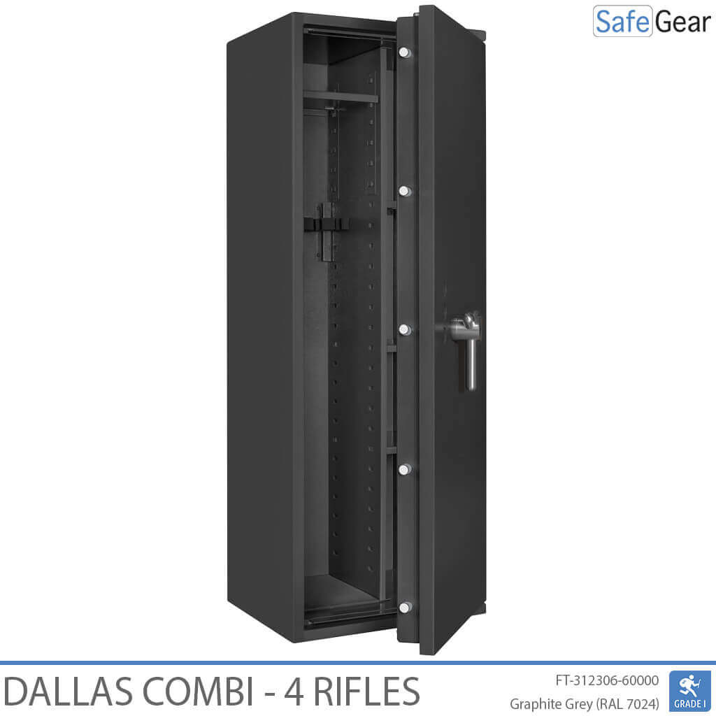 Dallas Combi 4 gun safe in Graphite Grey, door half open, rifle holders and shelved section