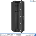 Dallas Combi 4 gun safe in Graphite Grey, door half open, rifle holders and shelved section