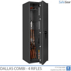 Dallas Combi 4 gun safe in Graphite Grey, door open with rifles