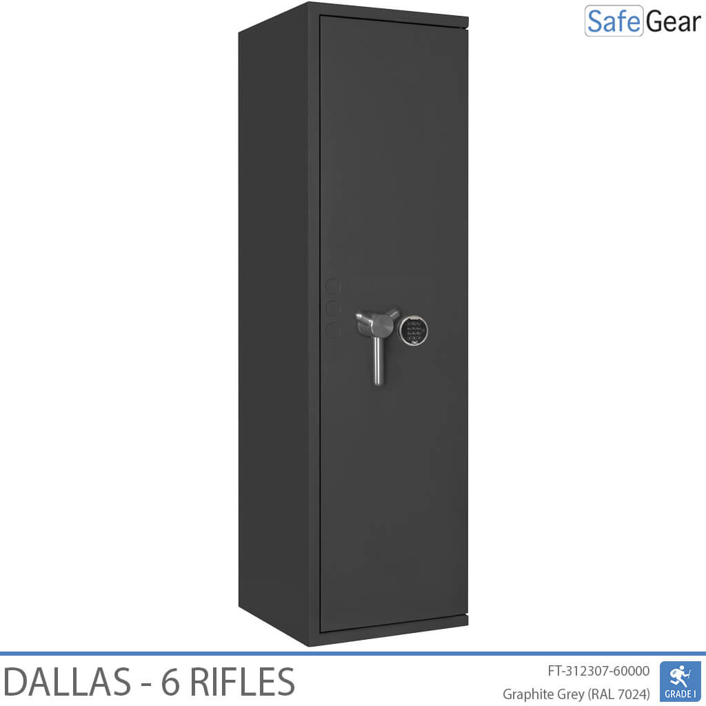 Dallas 6 gun safe in Graphite Grey, door closed, electronic code lock