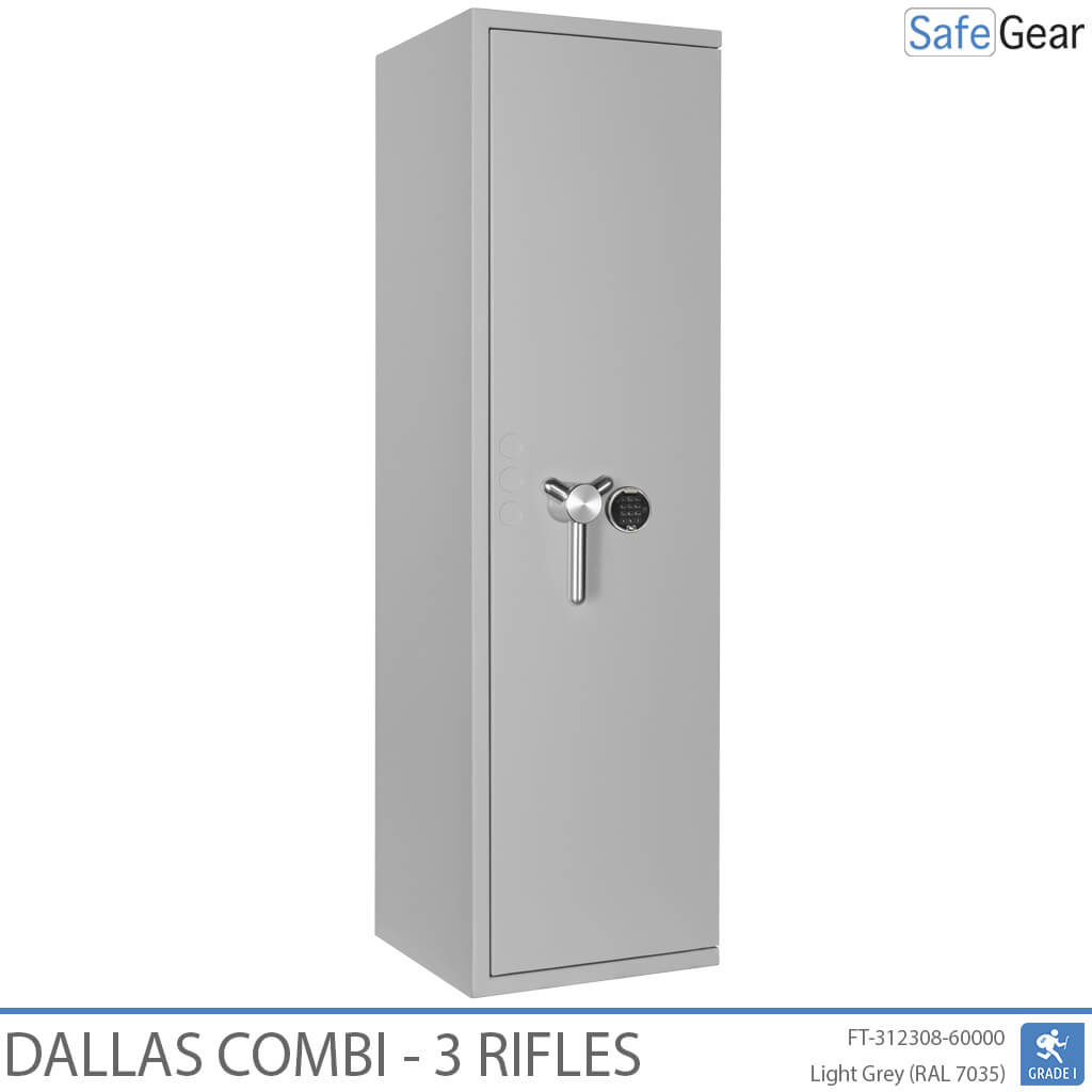 Dallas Combi 3 gun safe in Light Grey, door closed, electronic code lock