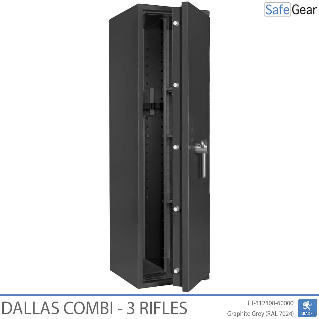 Dallas Combi 3 gun safe in Graphite Grey, door half open, rifle holders and shelves