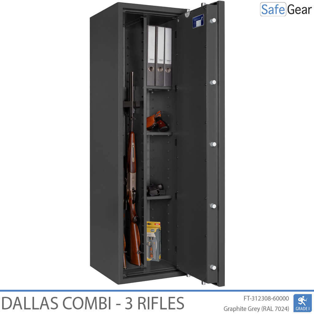 Dallas Combi 3 gun safe in Graphite Grey, door open with rifle, binders and shelves