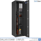Dallas Combi 3 gun safe in Graphite Grey, door open with rifle, binders and shelves