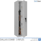 Dallas Combi 3 gun safe in Light Grey, door open with rifles, black handle