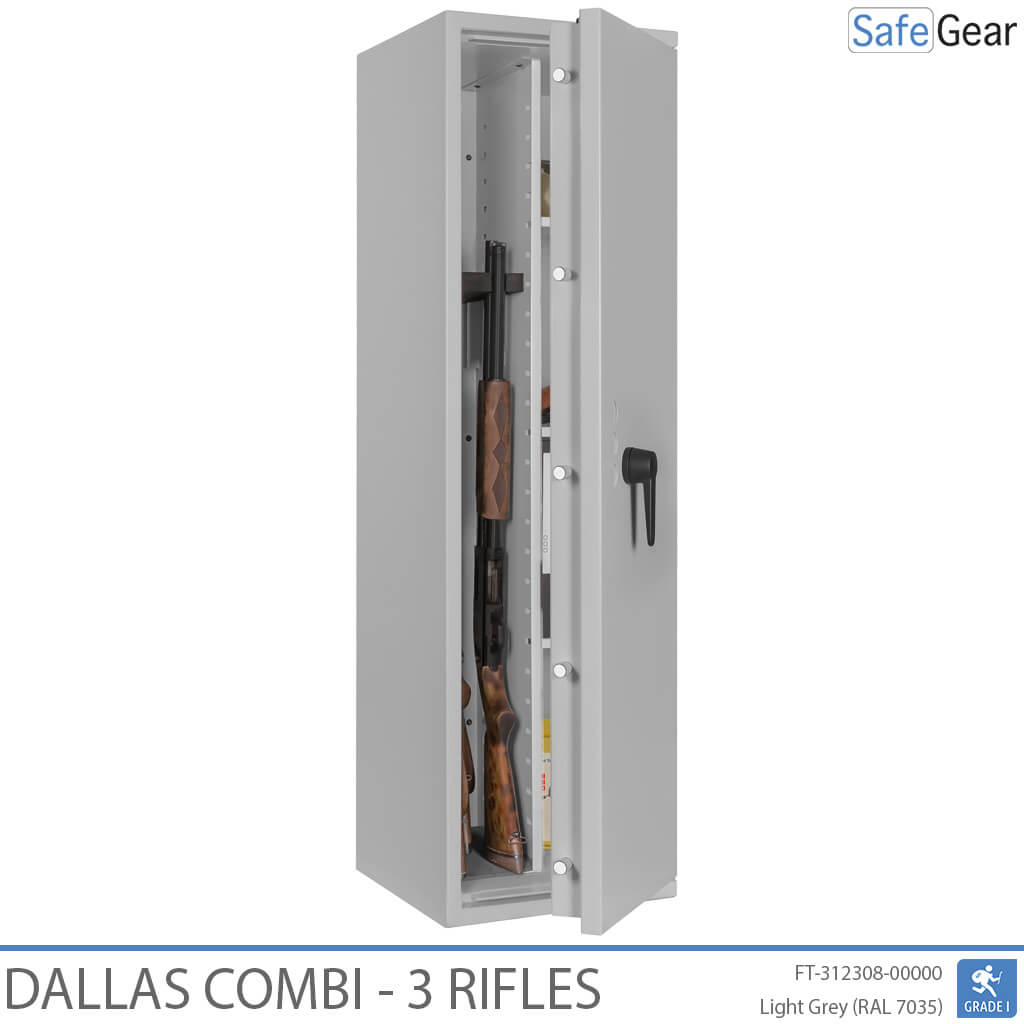 Dallas Combi 3 gun safe in Light Grey, door open with rifles, black handle