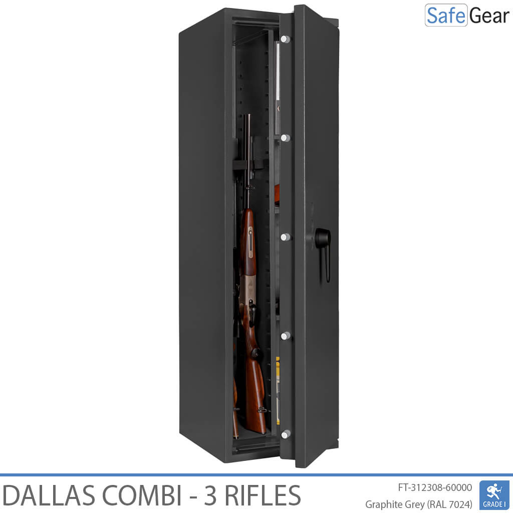 Dallas Combi 3 gun safe in Graphite Grey, door open with rifles, black handle