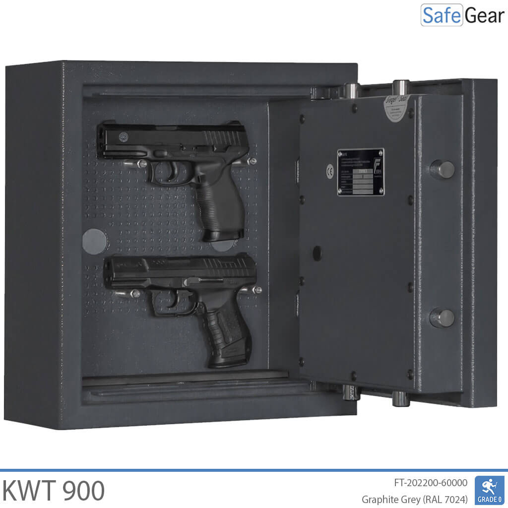 KWT 900 gun safe in Graphite Grey, door open with two handguns on the rear-wall bolts