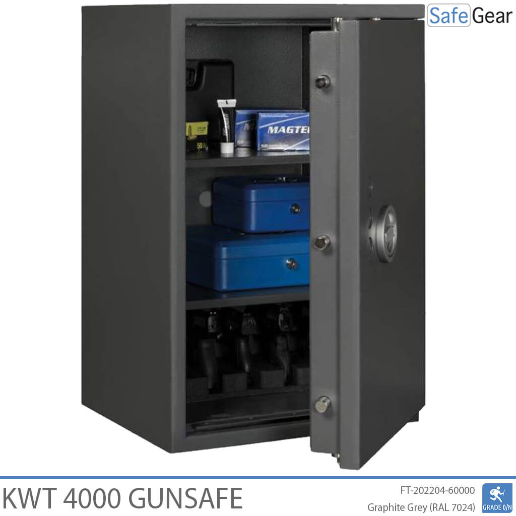 KWT 4000 gun safe in Graphite Grey, door open at 45 degrees with handguns, ammunition and cash boxes