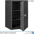 KWT 4000 gun safe in Graphite Grey, door open at 45 degrees, empty with two shelves