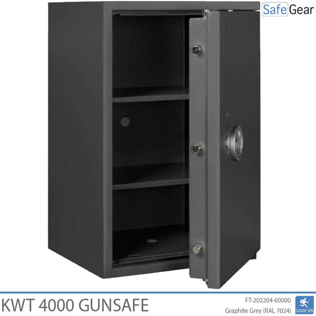 KWT 4000 gun safe in Graphite Grey, door open at 45 degrees, empty with two shelves