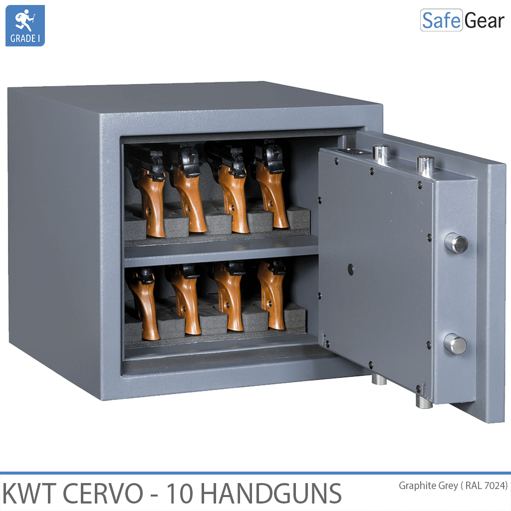 KWT Cervo 10 gun safe in Graphite Grey, door open with handguns in foam holders