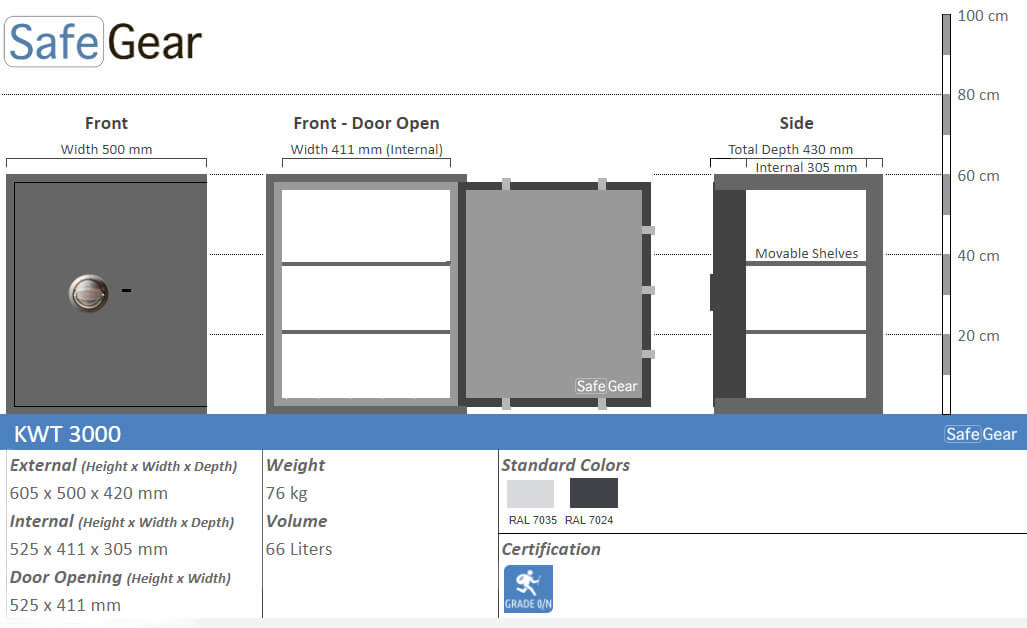 KWT 3000 gun safe, size drawing with dimensions