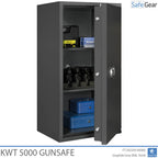 KWT 5000 gun safe in Graphite Grey, door open at 45 degrees with handguns, ammunition and cash boxes
