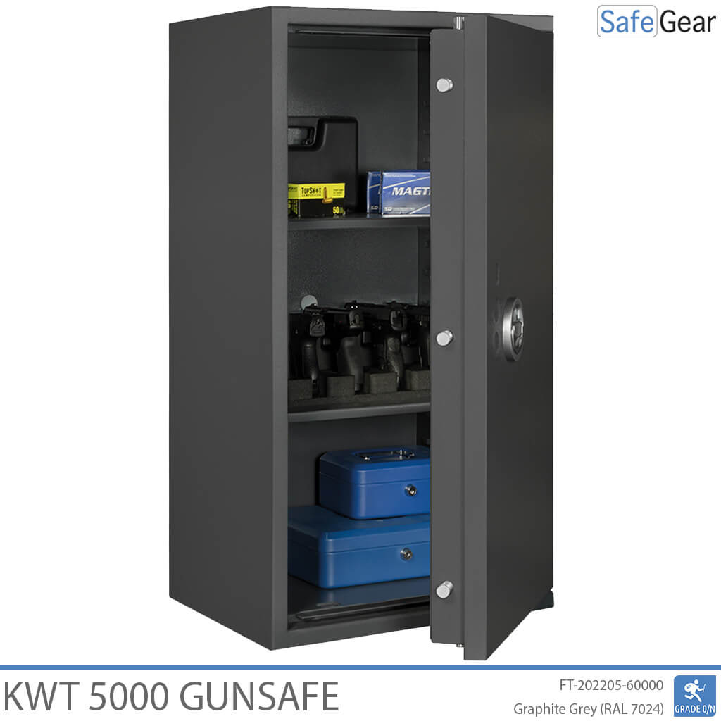 KWT 5000 gun safe in Graphite Grey, door open at 45 degrees with handguns, ammunition and cash boxes