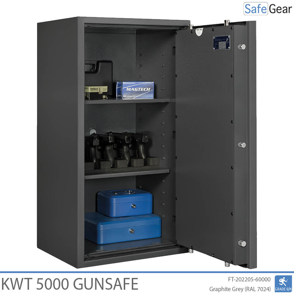 KWT 5000 gun safe in Graphite Grey, door open at 90 degrees with handguns, ammunition and cash boxes
