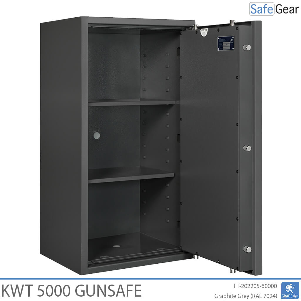 KWT 5000 gun safe in Graphite Grey, door open at 90 degrees, empty with two shelves