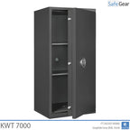 KWT 7000 gun safe in Graphite Grey, door open at 45 degrees, empty with two shelves