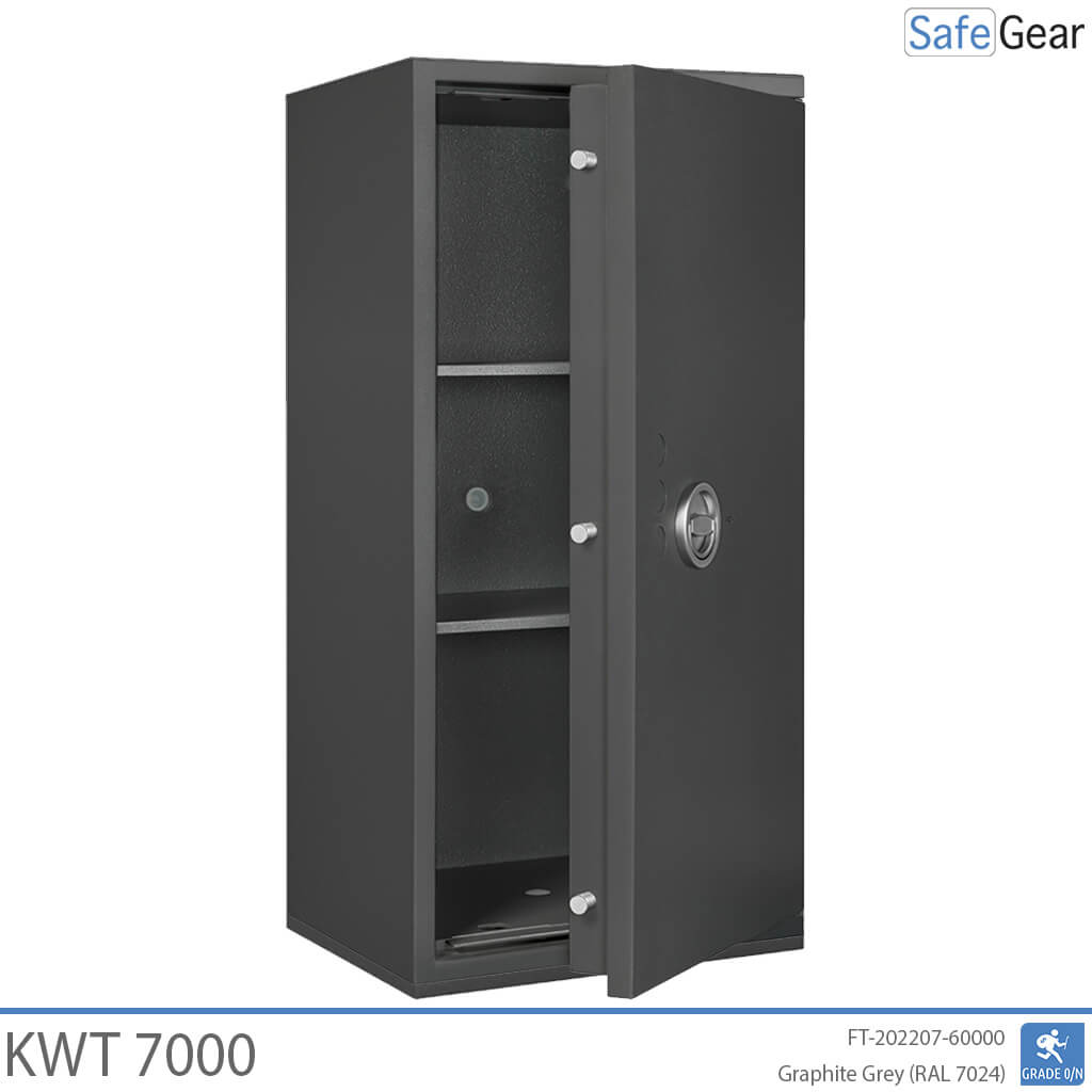 KWT 7000 gun safe in Graphite Grey, door open at 45 degrees, empty with two shelves