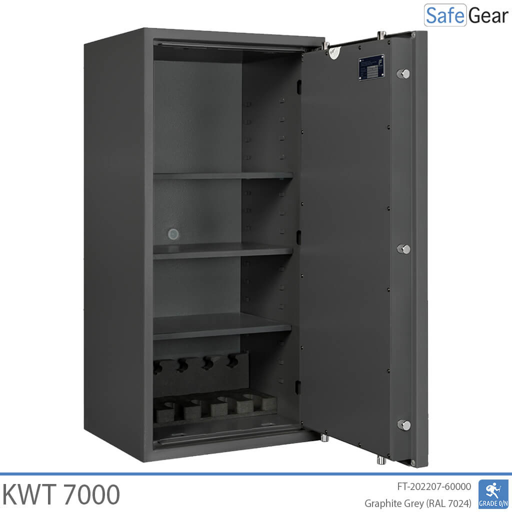 KWT 7000 gun safe in Graphite Grey, door open at 90 degrees, empty with shelves and 5-handgun holder