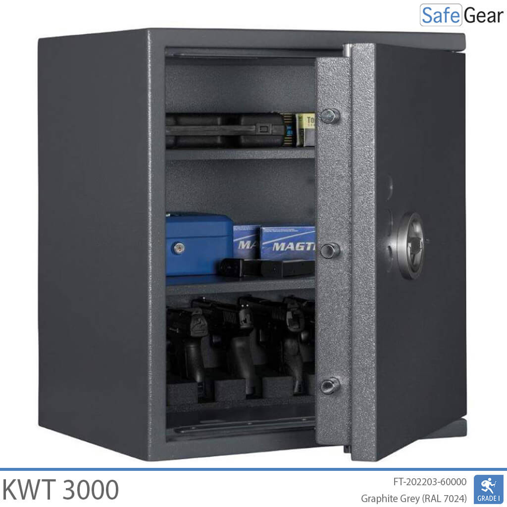KWT 3000 gun safe in Graphite Grey, door open with handguns in the 5-handgun holder and ammunition