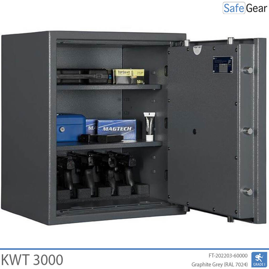 KWT 3000 gun safe in Graphite Grey, door open at 90 degrees with handguns in the 5-handgun holder and ammunition