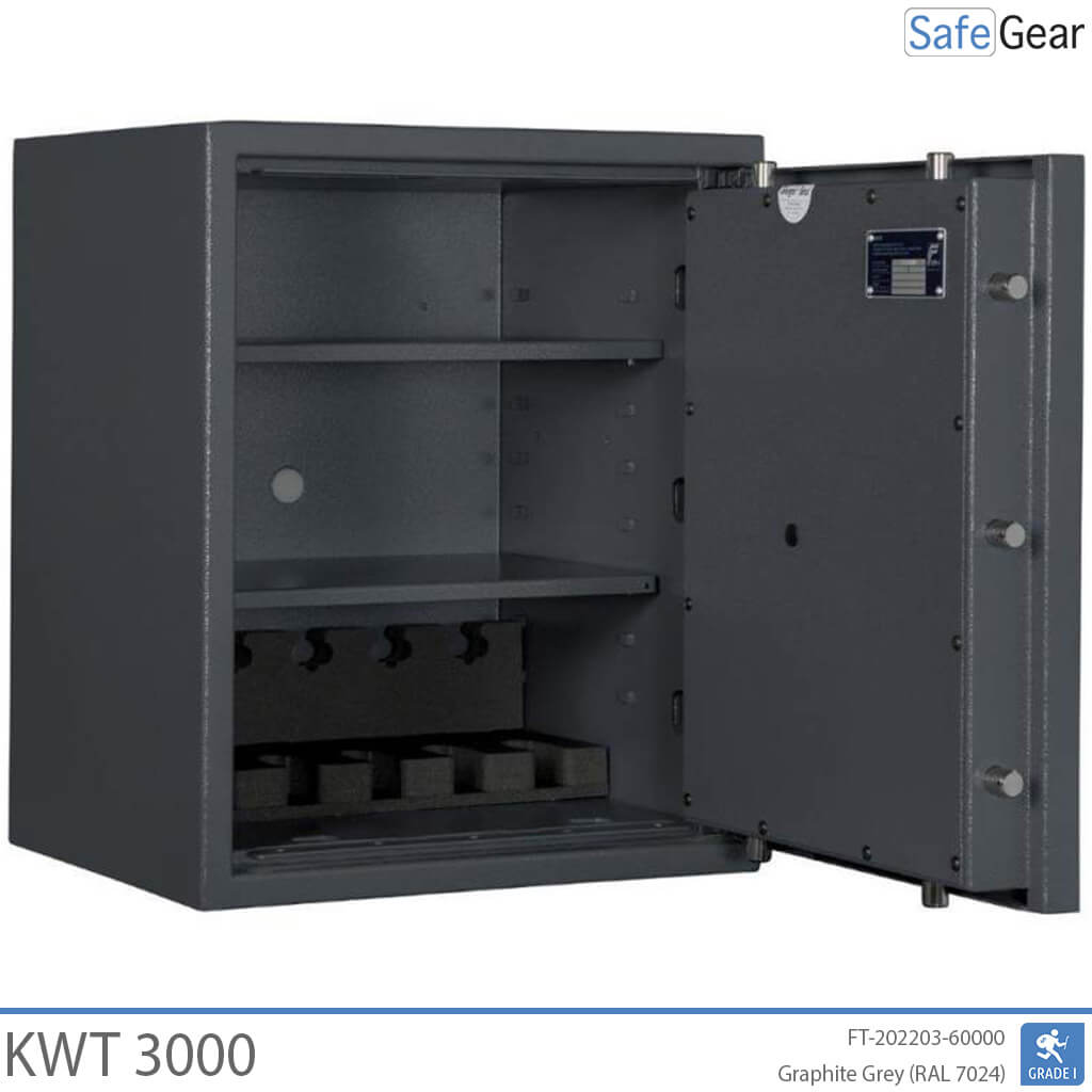 KWT 3000 gun safe in Graphite Grey, door open at 90 degrees, empty with 5-handgun holder