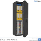 STC 3-448 Kombi key safe in graphite grey, door open at 45 degrees with keys and A4 binders