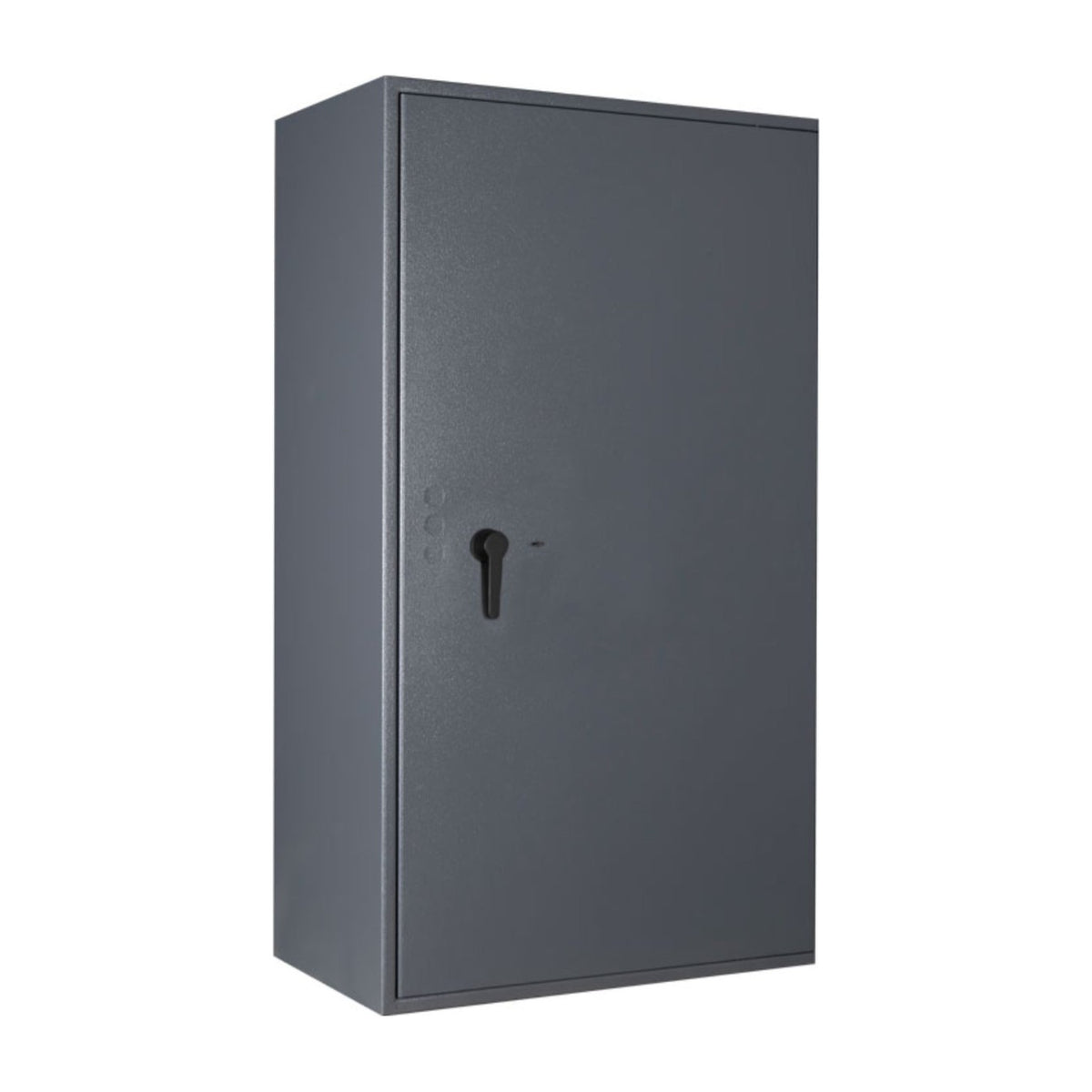 STL AS car key safe in graphite grey, door closed — front three-quarter view with key lock