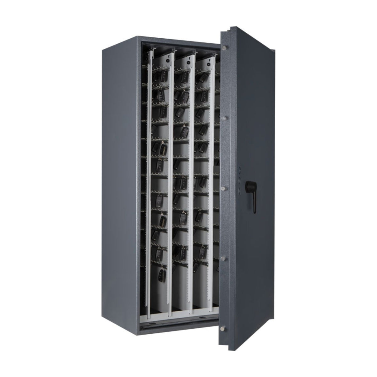 STL AS car key safe in graphite grey, angled view with door open and car keys on pull-out key racks